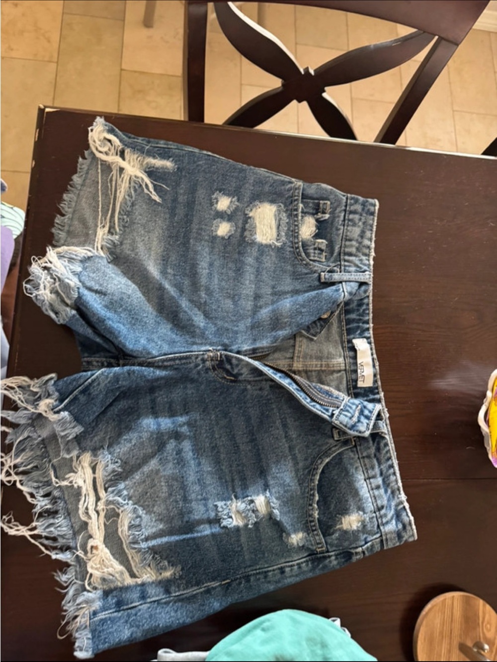 Frayed Hem Distressed Blue Denim Jean Shorts - Women's Mid-Rise